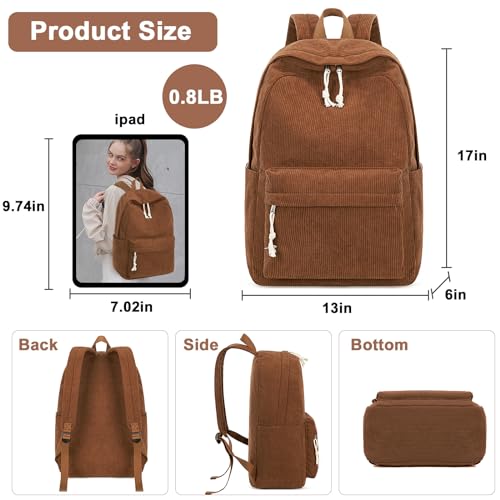 BTOOP Coffee Corduroy School Backpack for Teens & Women, 15.6-Inch Laptop, Large Capacity