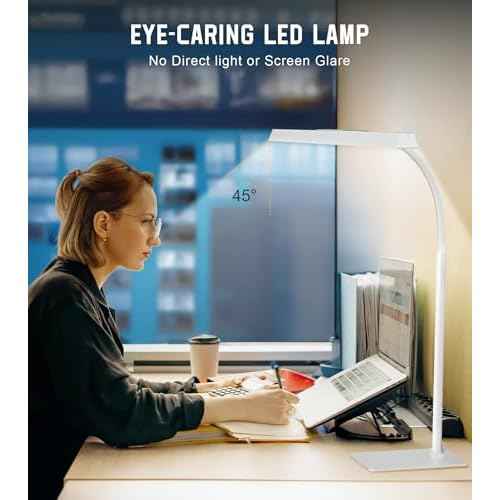 LED Desk Lamp for Home Office with Base, Eye-Caring Architect Task Light with Adjustable Gooseneck 12W USB Adapter Touch Control 5 Dimmable Brightness & Color Tall Lamp for Work,Reading,Craft