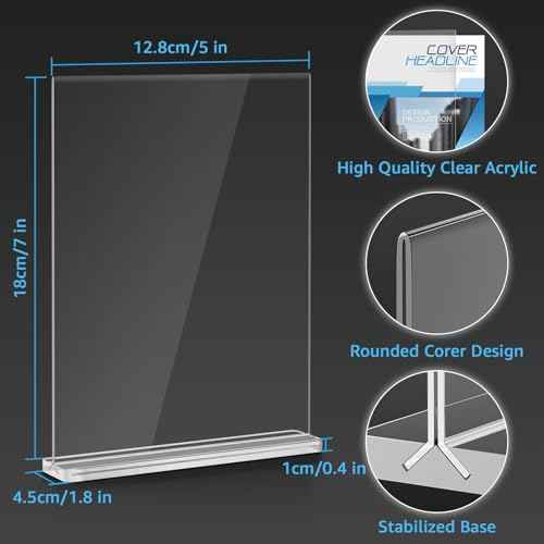 Smarpau 5x7 Acrylic Sign Holder, 12 Pack Double Sided Clear Display Stands, Vertical Table Number Holders, Plastic Picture Frames, Flyer Menu Brochure Sign Holder for Office, Show Fair, Restaurants