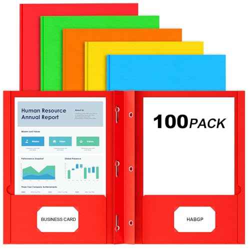 HABGP 100 Pack Two Pocket Folder with Prongs, Paper Folders with Pockets and Business Card Holder, Folders with Pocket Fit Letter Size, Organizing Papers in School, Office & Business 5 Color 20 Set