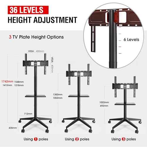 Tall TV Cart Rolling TV Stand for 32-65 Inch TVs, Snap Install Mobile TV Cart with Wheels, Height Adjustable & Tilt Function Portable TV Stand for Office/Home/Living Room/Bedroom
