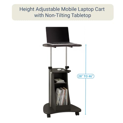 Techni Mobili Black Graphite Adjustable Rolling Laptop Cart with Storage, Height 28-43"