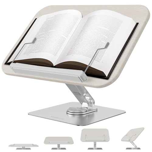 Book Stand for Reading, 360¡Æ Rotate & Multi Heights Adjustable Book Holder,Foldable Cookbook Book Stands with Elastic Page Clips for Sheet Music, Recipe, Laptop, Textbook (Light Wood)