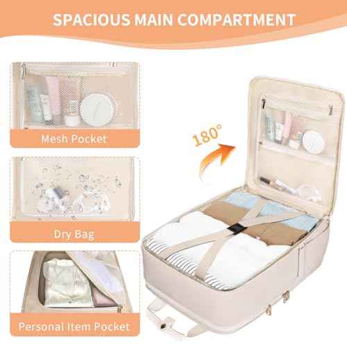 BERTASCHE Travel Backpack for Women with 15.6 inch Laptop Sleeve, 35L Carry On Backpack Flight Approved, Personal Item Travel Bag for Work Business Trip Weekender Expandable Casual Daypack, Beige