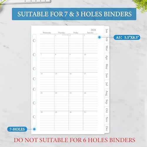 2026 Monthly Planner Refill, A5 Medium Size Planner Inserts for 7 Ring, 5.5" x 8.5", Jan. 2026 - Dec. 2026, 12 Monthly Calendars with Laminated Tabs, 7-Hole Punched