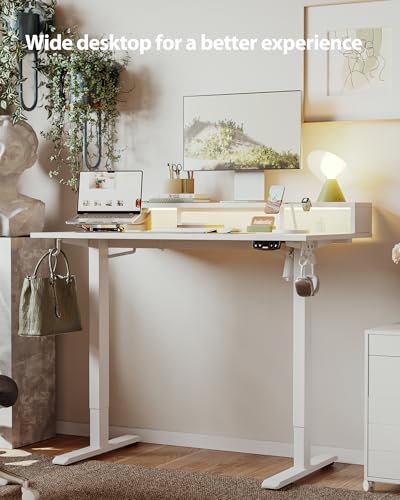 Agilestic 48x24 Inch White Electric Standing Desk with LED Light & Power Strip - Adjustable Height, Modern Home Office & Gaming Desk