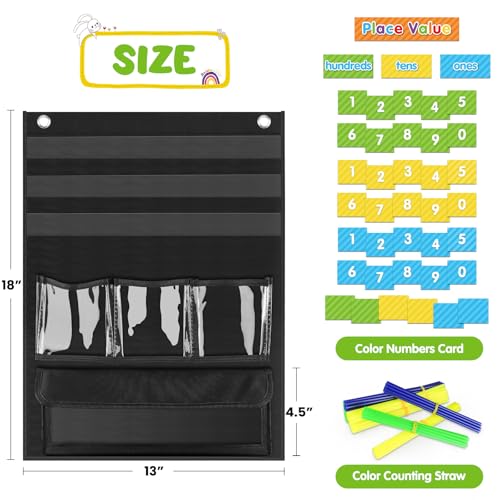 Black Place Value Pocket Chart & Counting Caddie for Classroom, 13x18 Inches