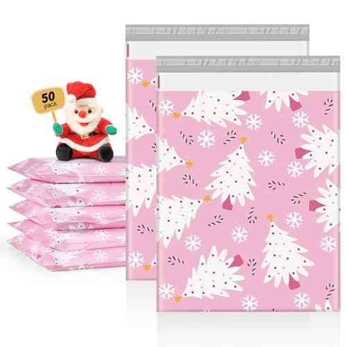 Metronic Christmas Poly Mailers 14.5x19 Inch 50 Pack Shipping Bags for Clothes,Self Adhesive Shipping Envelopes for Small Business,Waterproof Mailers Poly Bags for Shipping,Packaging Mailing Bags Pink