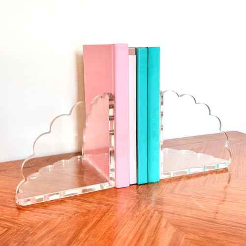 Scalloped Acrylic Bookends (Clear) ? Set of 2 Decorative Non-Slip Book Holders | Modern Minimalist Bookends for Shelves, Office, and Home D?cor ? Durable Transparent Book Supports