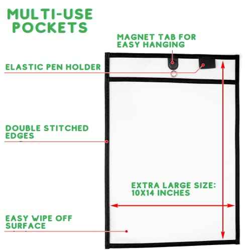 Magnetic Dry Erase Pockets by Two Point (30-Pack) - Portrait - Black Dry Erase Pocket Sleeves, Job Shop Ticket Holders, Clear Paper Sleeves Protector, Magnetic Pouch