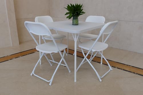 64-piece Folding Table and Chair Set 34” Square 4 Chairs HDPE Top Steel Frame White Chair & Table (White)