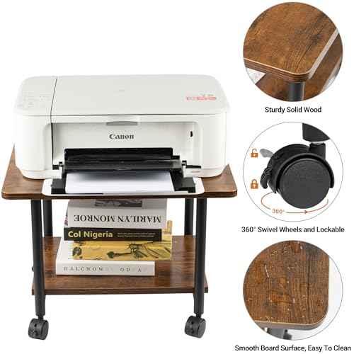 Under Desk Printer Stand - 2-Tier Industrial Mobile Printer Table with Storage Shelf, Heavy Duty Wood Rolling Printer Cart with Wheels for Home and Office,Rustic Brown