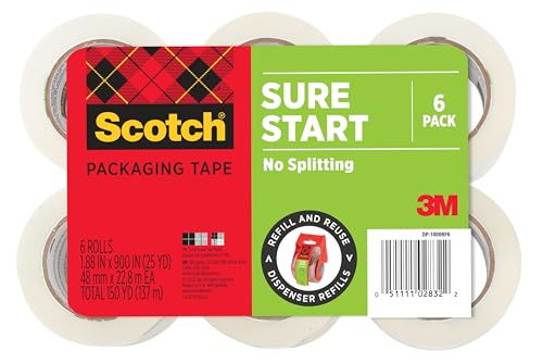 6 Rolls Scotch Sure Start Packing Tape Refill 900 in x 900 in - Clear, Easy Start, Durable Hold