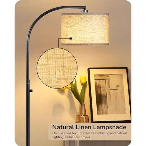 EDISHINE Black Arc Floor Lamp Dimmable, Standing Lights with Rotary Switch & Adjustable Line Lampshade, Tall Standing Lamp for Bedroom, Office, Reading Corner, A19 LED Bulb Included