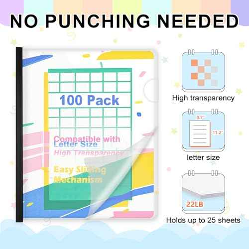 TOTiyea 100 Pack Letter Size Clear Report Covers with Sliding Bars, 5mm (25 Sheet Capacity) Sliding Bar File Folders, Black