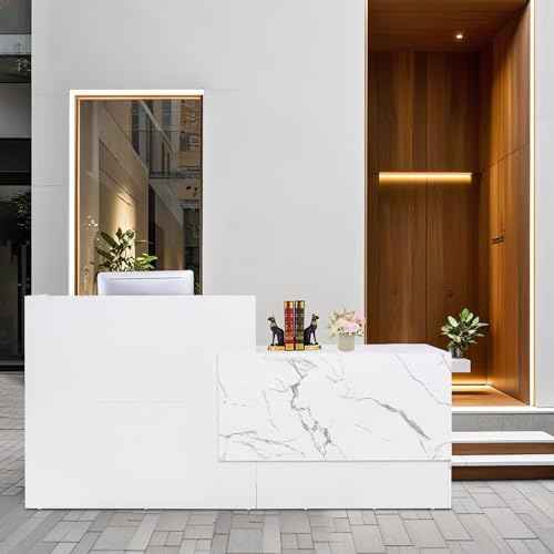 Reception Desk,Modern Checkout Counter with Lockable Drawer,Keyboard Tray and Shelves,White Receptionist Desk for Corporate and Hotel Lobbies£¨23.6¡±D x 86.6¡±W x 43.3¡±H£©