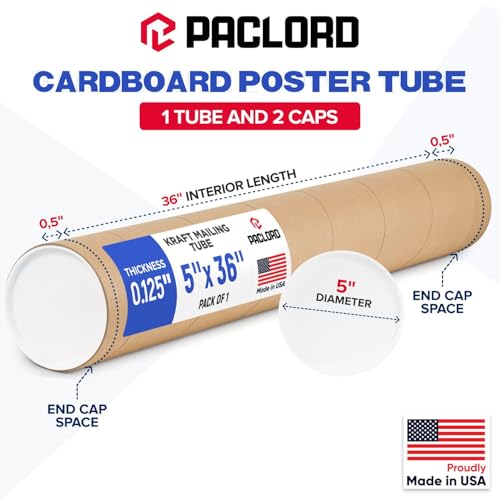 Paclord 5 x 36 Inch Reinforced Kraft Paper Mailing Tube - Pack of 1 with 2 Caps, Made in USA