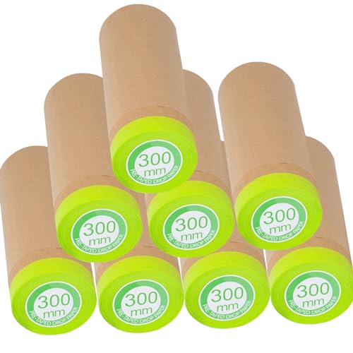 Pre-Taped Masking Paper for Painting - 12 inch x 50 feet Tape and Drape Painters Paper, Paint Adhesive Protective Paper Roll for Covering Skirting, Frames, Cars and Auto Body (8 Rolls)