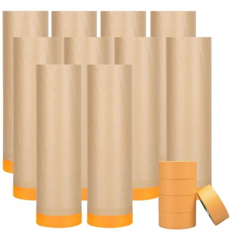 Pre-Taped Paint Masking Paper and Masking Tape Sets, 22inch-50feet Painters Paper and Painters Tape, Automotive Paint Paper, Tape and Drape Waterproof for Painting Protection Covering (10)