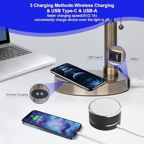 FIRVRE Bankers Lamp with2 USB and Wireless Charging Port£¬Pull Chain Switch Blue Glass Desk Lamp£¬ E26 Base,Traditional Library Desk Lamps for Home Office,Bedroom,Piano