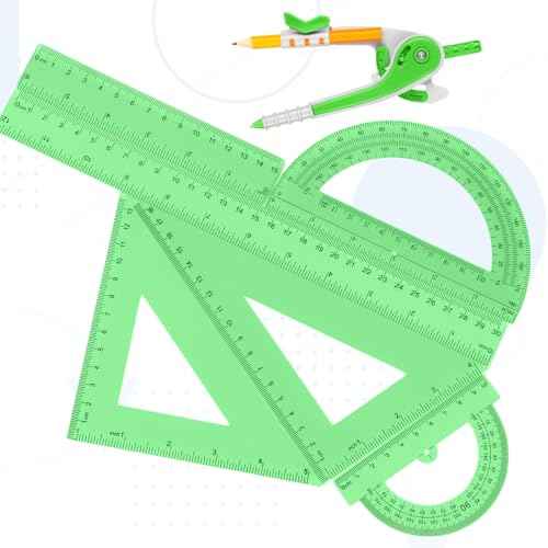Zonon 1 Set Plastic Geometry Math Set 7 Pcs Includes 6'' / 4 '' Protractor, Drawing Compass, 45/60 Degree Triangle Rulers, 12'' / 6'' Math Ruler Transparent for Office Supplies(Green)