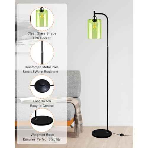 Lightdot 64IN Glass Floor Lamp for Living Room, Modern Standing Lamps with Green Ribbed Glass Lampshade, Industrial Floor Lamp for Bedroom Office-Black