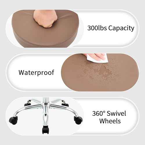 Adjustable Office Stool with Wheels 19.5"-26.6", Brown Thick Cushion Backless Rolling Chair (Coffee Brown)
