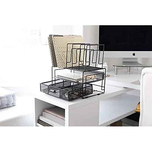 BLU MONACO Black Desk Organizer with File Sorters & Drawer ? Workspace Storage Rack for Office Supplies & Files