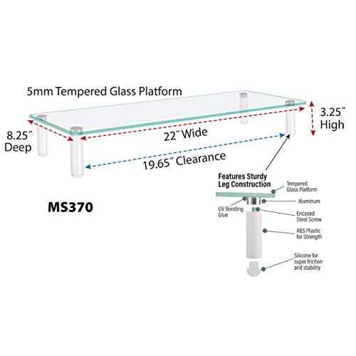 Kantek Glass Monitor Riser with 5mm Tempered Glass Platform and 40-Pound Capacity, 22-Inch W x 8.25-Inch D x 3.25-Inch H, Clear Glass (MS370)