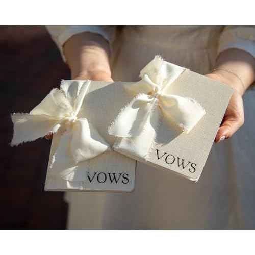 Cream Embossed Slim Vow Books w/Ribbon (Set of 2) - 5.625 x 4 Minimalist Pocket Sized Wedding Ceremony Vow Renewal Speech Notebook Journal