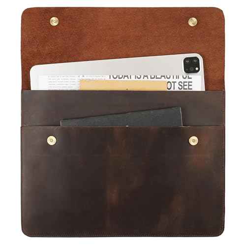 Leather Tablet Sleeve - 11/12.9/13 Inch iPad Pro Sleeve, Document Holder Folio File Holder, Genuine Leather iPad Case for Protection and Style-Dark Khaki