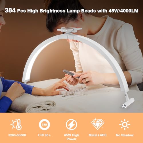 Nail Light for Desk, 30'' LED Half Moon Lamp for Nail Techs, Manicure and Handicraft, Adjustable Color Modes and Brightness, with Phone Holder (White)