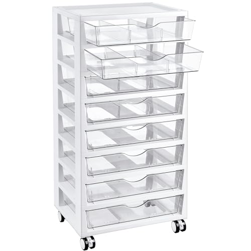 Vtopmart 8-Tier Rolling Cart with Drawers, Clear Plastic Storage, Includes 8 Movable Dividers