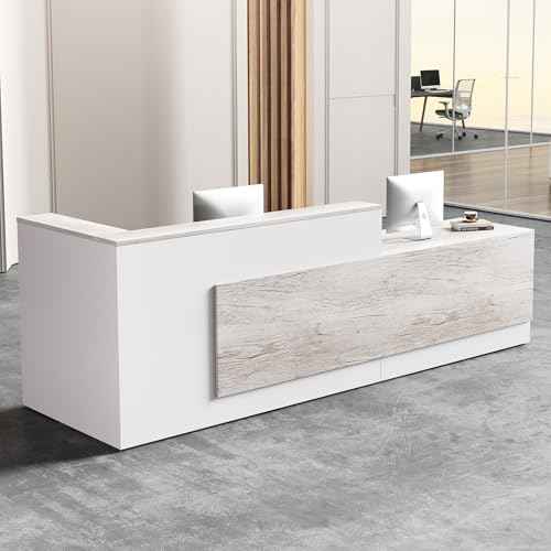 Modern L-Shaped Reception Desk with Hutch, Office Reception Counter Table with Lockable Drawer and Door Cabinet, Wooden Computer Front Desk (Oak+Warm White-Left Cabinet, 110.24"L*23.62"W*41.34"H)