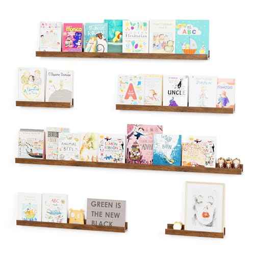 Vinyl Record Shelf Wall Mount, 6PC Album Record Holder Display, Wood Floating Shelves, Wood Ledges for Wall, 0ffice Wall Shelves, Album Shelves, Magazine Rack Walnut - 1x48In, 1x36In, 2x24In & 2x12In