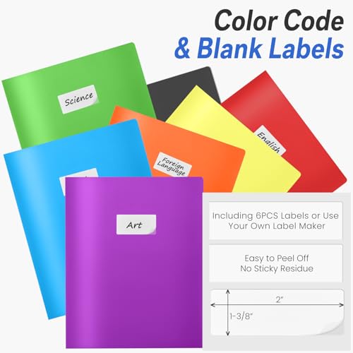 Rainbow 7-Pack Plastic Folder with Pockets & Labels - Durable 2 Pocket Office & School Folders
