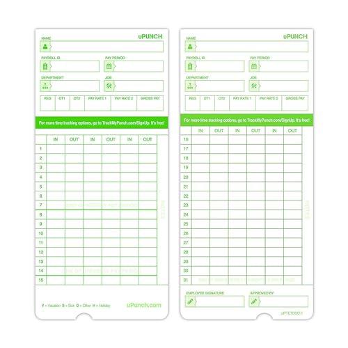 uPunch 300 Time Cards for Green HN3000 AutoAlign Clocks - Pack of 300