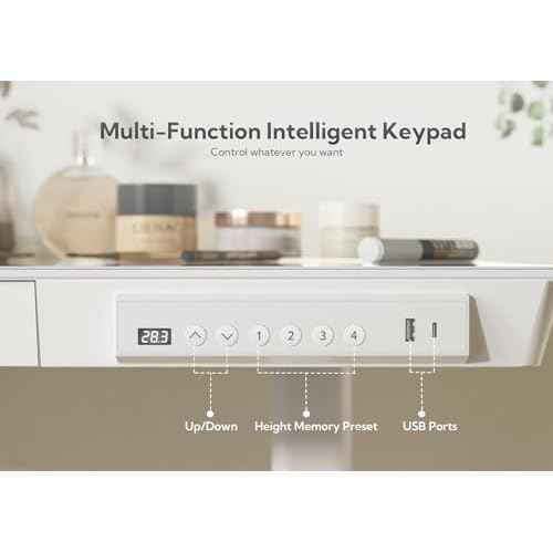 Claiks Glass Standing Desk with Drawers, 48¡¿24 Inch Adjustable Stand Up Desk, Quick Install Home Office Computer Desk with USB Ports, White