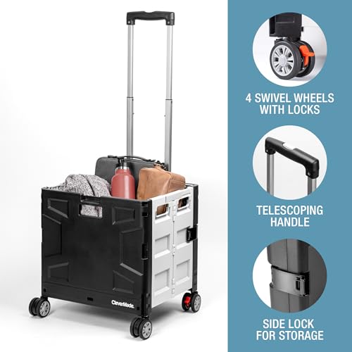 CleverMade Collapsible Wheeled Crate with Lid, 4-Wheels - Swivel and Glide Rolling Crate with Handle and Double Wheels for Easy Transport and Versatile Use - 35L and 75lb Capacity, Black/Cream