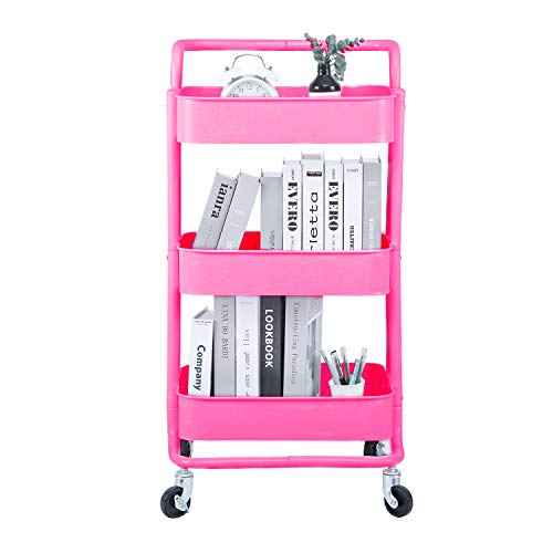 3-Tier Metal Mesh Rolling Cart Storage Organizer with Utility Handle and Wheels, Pink