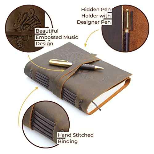 Leather Bound Journal for Men and Women, Handmade Gift Set with Music Notes Embossed Journal and Stylish Pen, Vintage and Classic, Notebook, Sketchbook, Planner and Diary (300 Pages) (8x6")