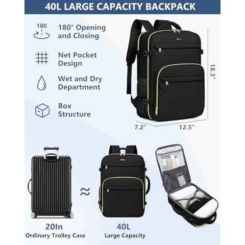 Carry On Women Travel Backpack: TSA Flight Approved Personal Item Backpacks Large 40L Waterproof Luggage Suitcase Backpack Fit 17 Inch Laptop Weekender Overnight Traveling Bag with USB Charge Black