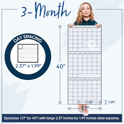 (2 PK) 3 Month Dry Erase Calendar for Wall, 40x17, 3 Month Wall Calendar Dry Erase, Big White Board for Office, Home & School, Erasable Whiteboard, Monthly Undated Reusable White Board Planner