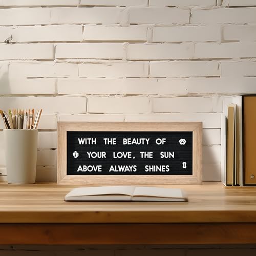 Small Felt Letter Board with 374 Letters, Numbers & Symbols - 12 x 5 inch Mini Changeable Message Board with Wooden Frame Wall Mount Hook (Black)