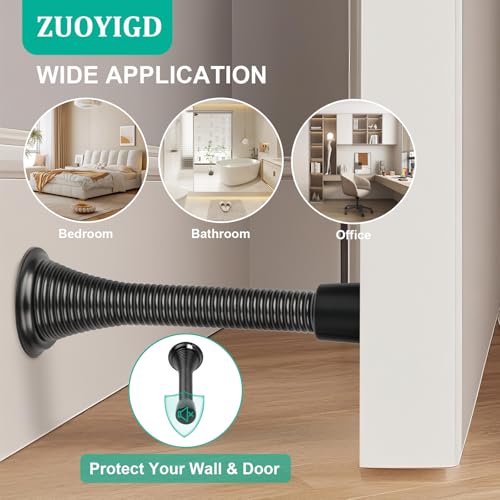 6 Pack Black Spring Door Stops - 3-1/4" Heavy Duty Wall Mount Door Stoppers with Rubber Tips, ZUOYIGD