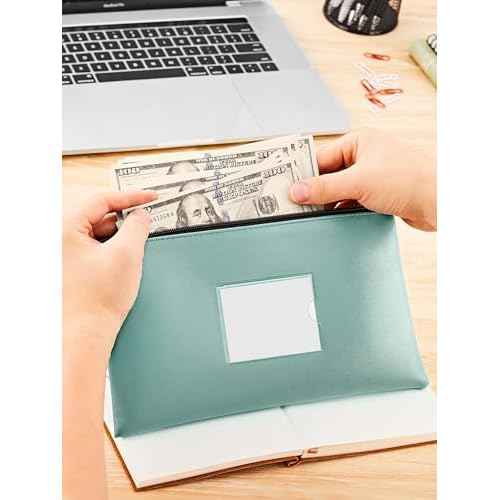 SMARTAKE 2-Pack Bank Deposit Money Bags with Zipper, PU Leather Bags Cash Wallet Pouches with Label, for Coins, Cosmetics, Invoice, Bills, Tools, 11.5 x 6.2 Inches, Aqua Blue & Black