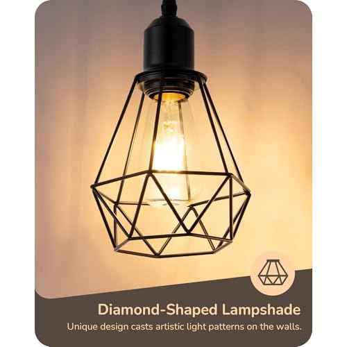 EDISHINE 70IN Farmhouse Floor Lamps for Living Room, Dimmable Industrial Tall Standing Lamps 3 LED Edison Bulbs Included, Diamond-Shaped Cage, Rustic Tree Corner Light for Bedroom, Office, Black