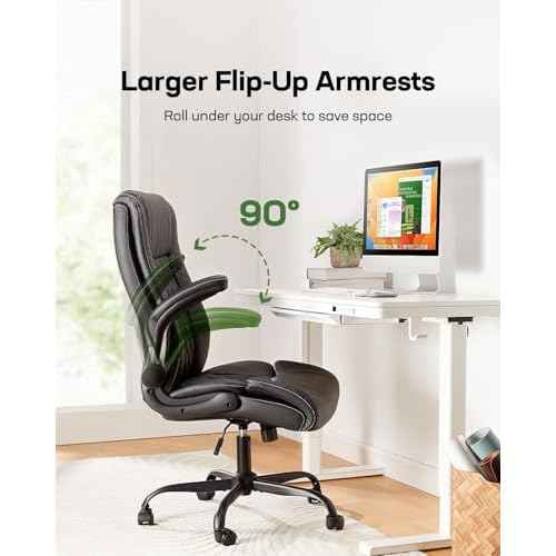 Marsail Executive Office Chair with Flip-up Armrests,PU Leather Ergonomic Desk Chair Height-Adjustable Swivel Rolling Computer Desk Chair,Black