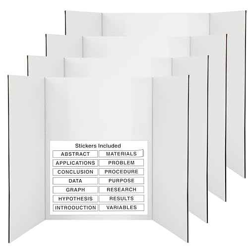 White Trifold Presentation Board 36" x 48" (Pack of 4) Self-Adhesive Science Subtitles Included - Display Exhibition Board Lightweight and Portable with Smooth Surface - by Emraw