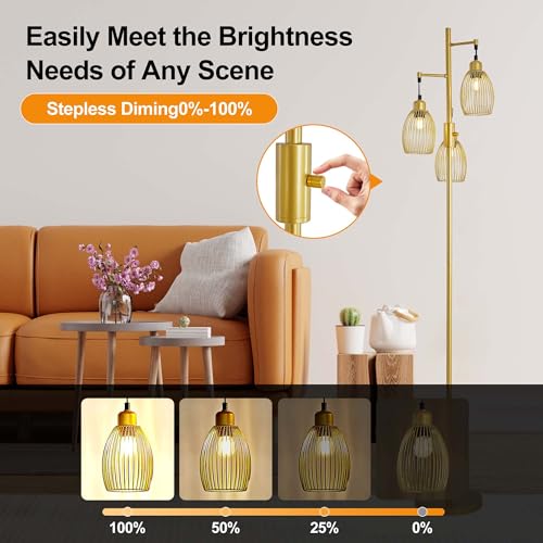 Industrial Floor Lamp 68'' - 3-Light Gold Dimmable Rustic Floor Lamp with Sturdy Pole & Heavy Base, 800 Lumens LED Bulbs Lamp for Living Room, Bedroom, Office Decor